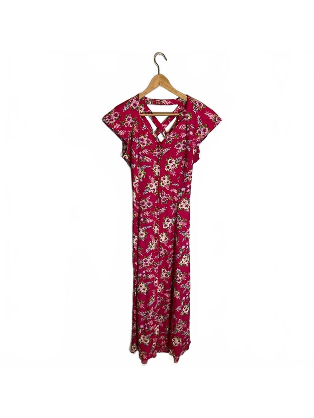 Vintage Chiasso 80/90s hot pink tropical crossback detail maxi dress